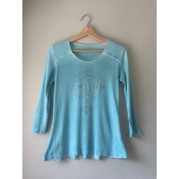 Y2K Bedazzled Rhinestone Cross Blue Long-Sleeve Shirt – Size Medium - Picture 1 of 5
